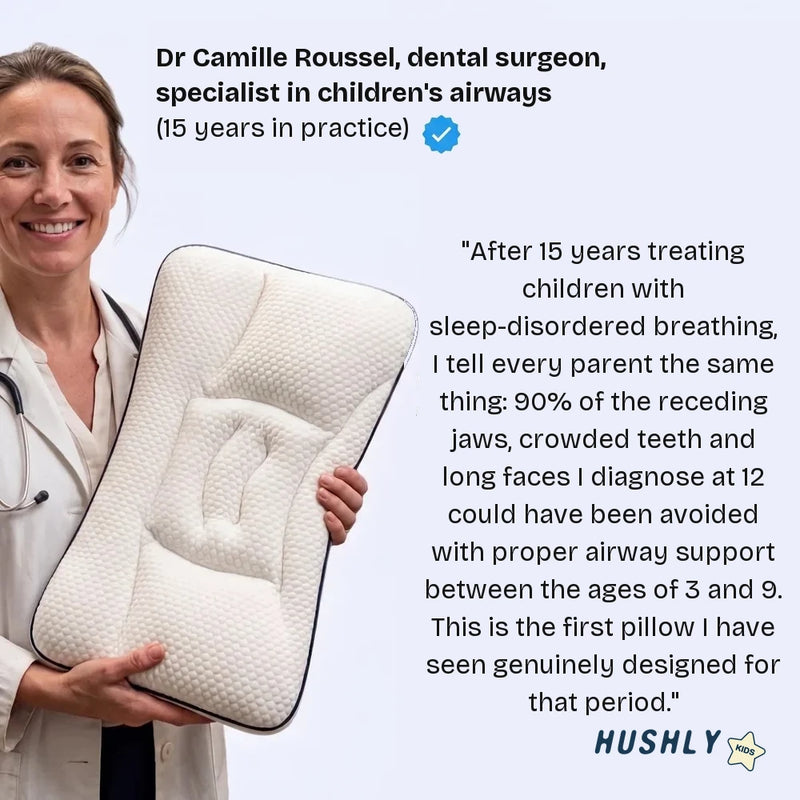 Dr Camille Roussel, dental surgeon, holding the Hushly Kids pillow next to her quote about children's airways