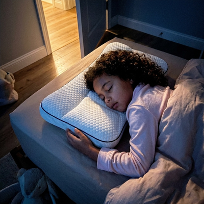 A girl asleep on her side on the Hushly Kids pillow, in a dimly lit bedroom.