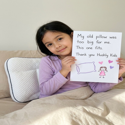 A girl holding a handwritten note: my old pillow was too big for me, this one fits. Thank you Hushly Kids.