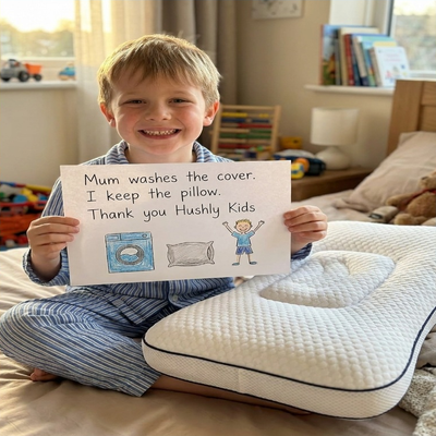 A boy holding a handwritten note: mum washes the cover, I keep the pillow. Thank you Hushly Kids.