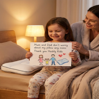 A girl and her mother holding a handwritten note: mum and dad don't worry about my pillow any more.