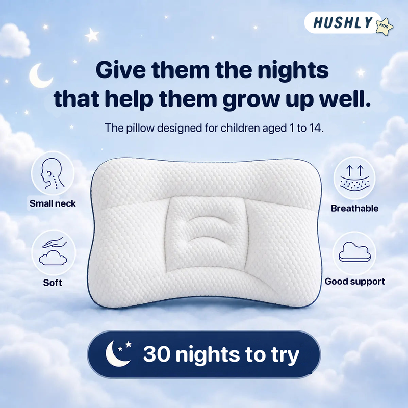 Hushly Kids pillow on a cloud background, with icons for small neck support, softness, breathability and support