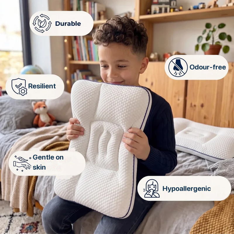 A boy holding the pillow in his bedroom, with badges: durable, resilient, odour free, gentle on skin, hypoallergenic