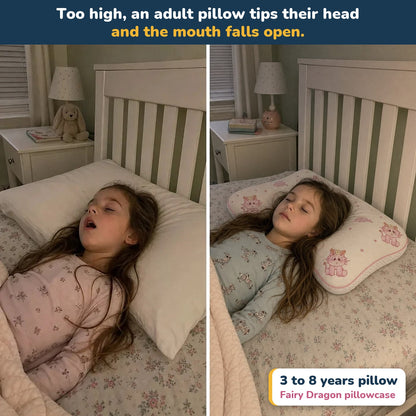 Before and after: a girl asleep on a flat pillow, then on the Hushly Kids pillow in its Fairy Dragon pillowcase
