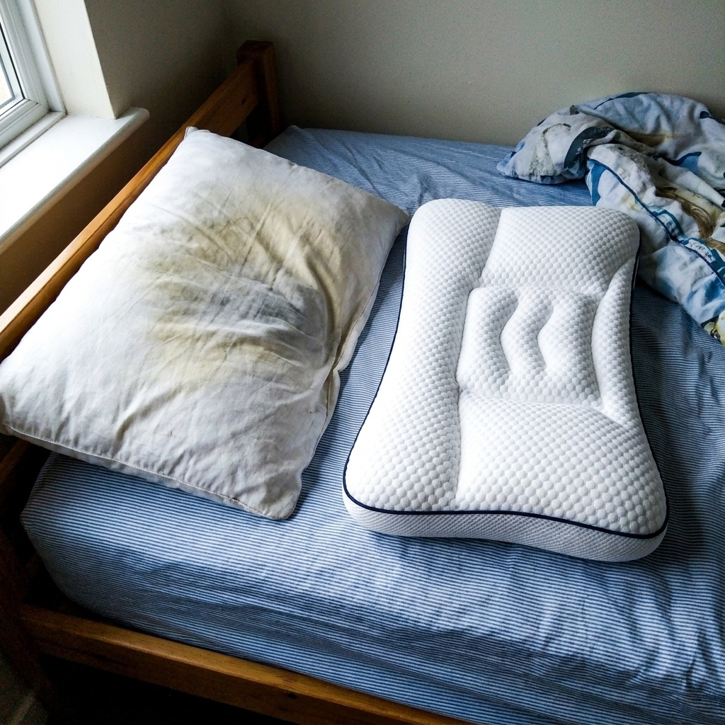 Hushly Kids pillow next to the child's old stained pillow on the bed