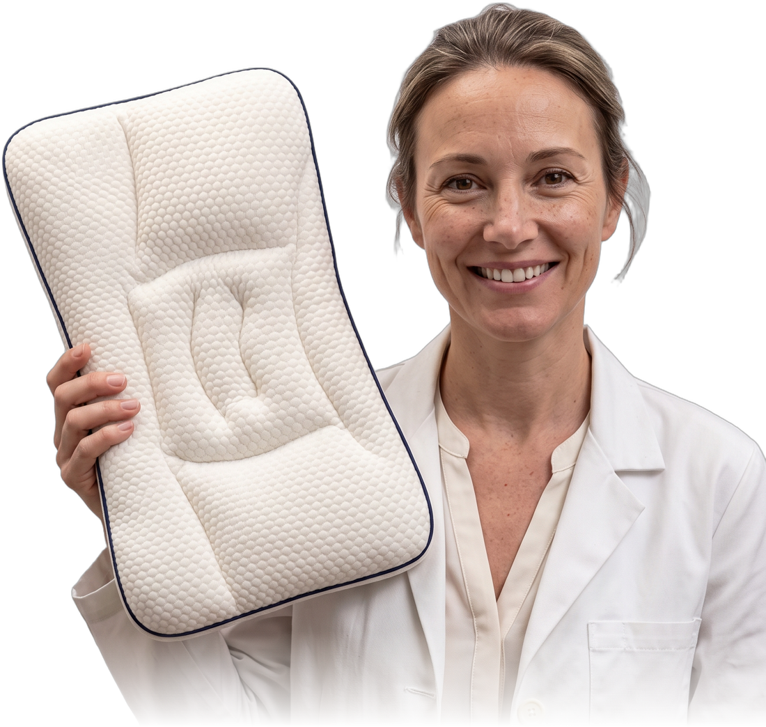 Dr Camille Roussel, smiling, holding a Hushly Kids pillow