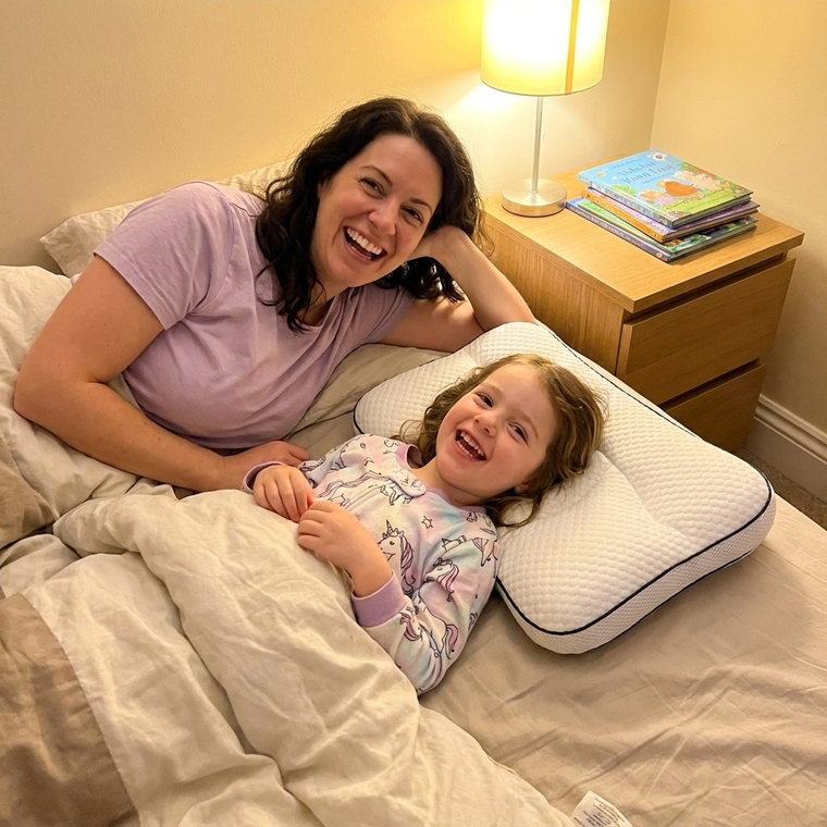 A mother and her young daughter laughing together in bed, the Hushly Kids pillow beside them.