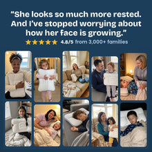 Hushly Kids review wall: mums, dads and grandparents with the pillow, 4.8/5 from 3,000+ families