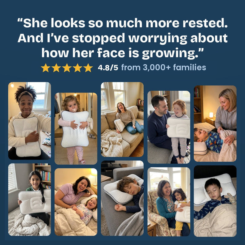 Hushly Kids review wall: mums, dads and grandparents with the pillow, 4.8/5 from 3,000+ families