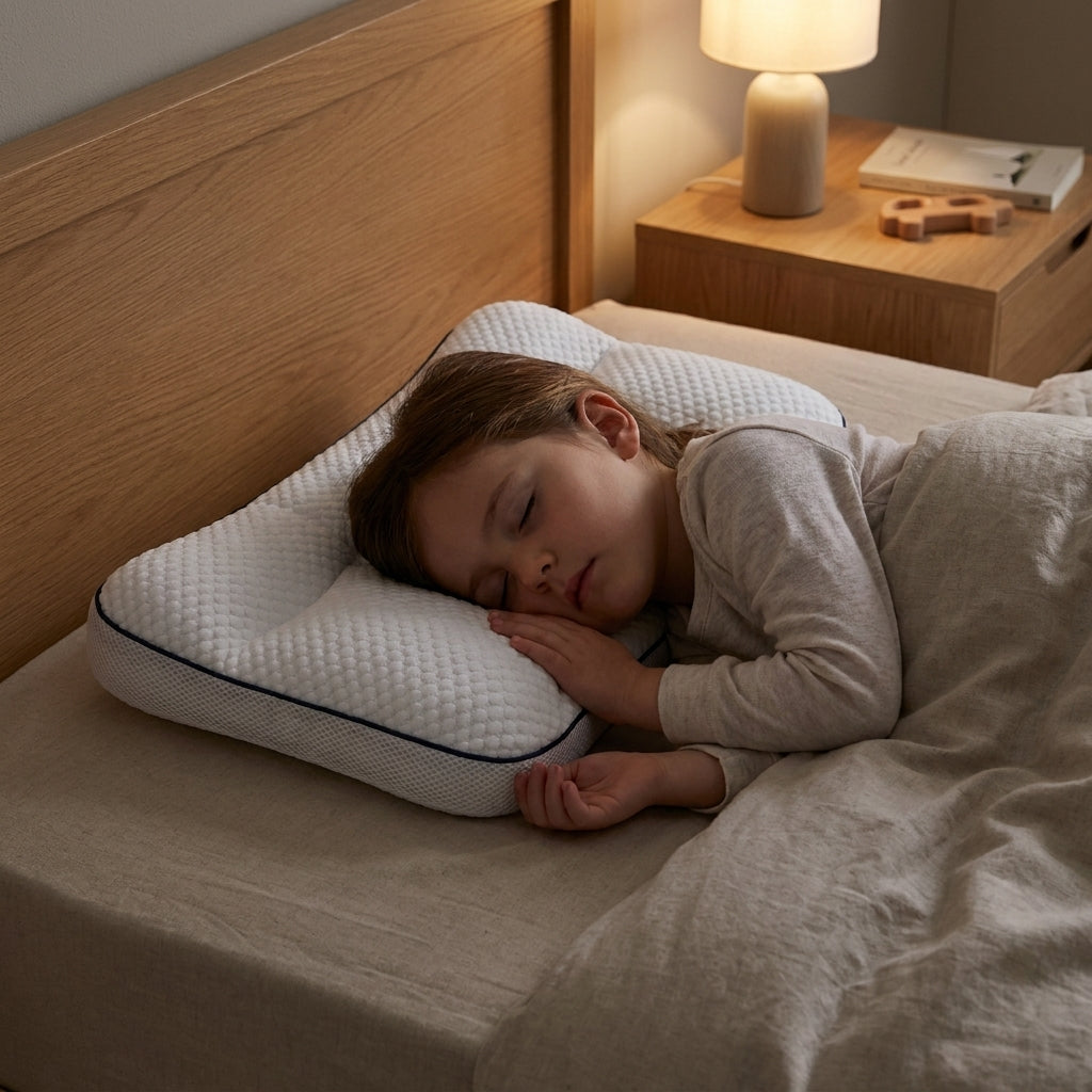 A girl asleep on the Hushly Kids pillow in a bedroom, bedside lamp lit