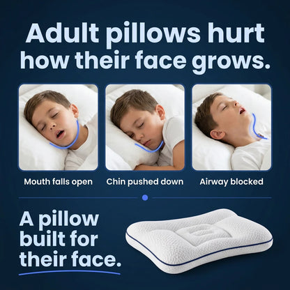 A child asleep on the Hushly Kids pillow, with callouts for targeted neck support, softness and breathability