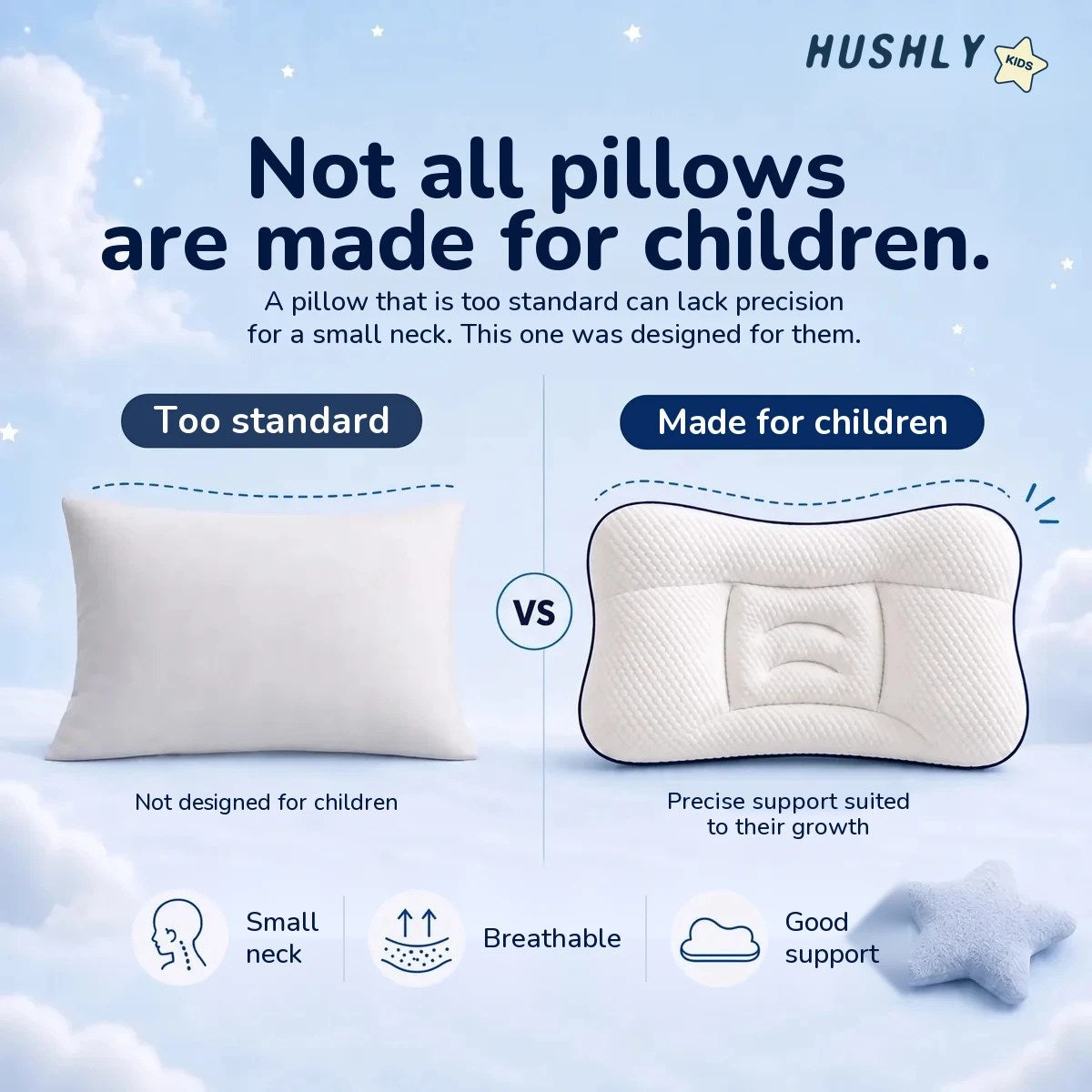 Not all pillows are made for children: a standard pillow next to the Hushly Kids pillow, made for a small neck
