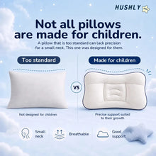 Not all pillows are made for children: a standard pillow next to the Hushly Kids pillow, made for a small neck