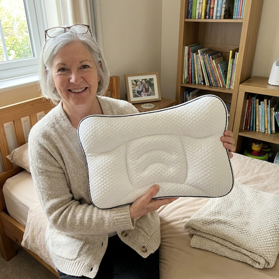A grandmother sitting beside a bed, holding the Hushly Kids pillow.