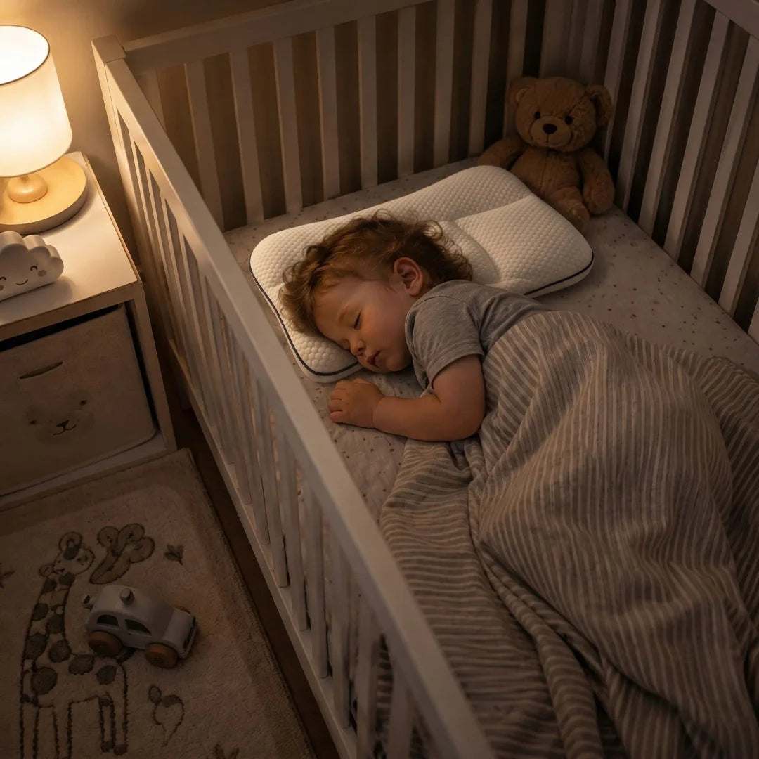 A toddler asleep on the Hushly Kids pillow in a cot, lit by a bedside lamp.