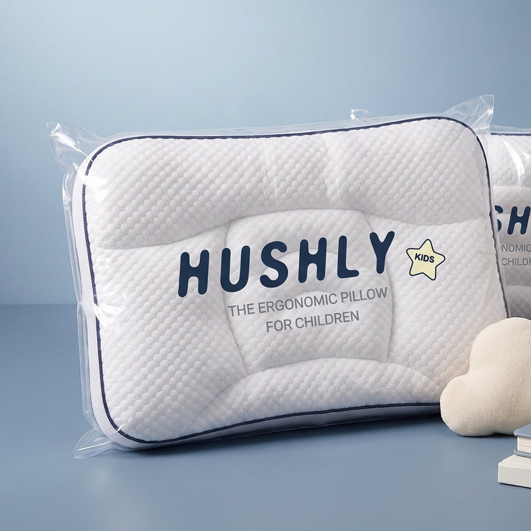 The Hushly Kids Pillow in its sealed pack, with the HUSHLY KIDS branding visible