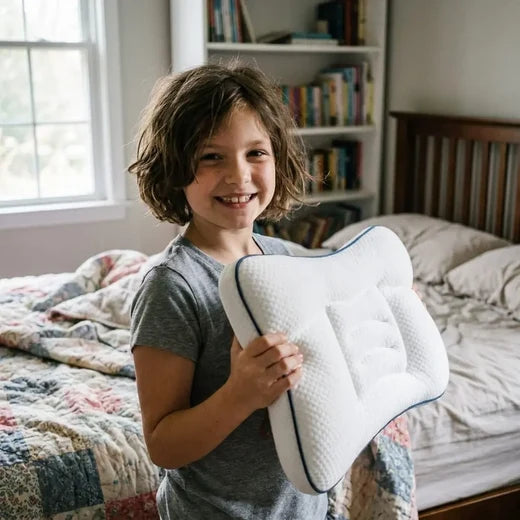 A child holding the Hushly Kids pillow in her bedroom