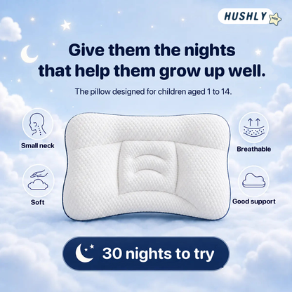 Hushly Kids pillow on a cloud background, with icons for small neck support, softness, breathability and support