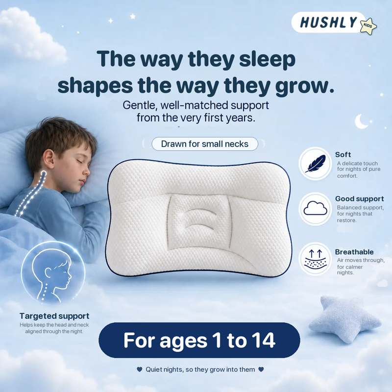 A child asleep on the Hushly Kids pillow, with callouts for targeted neck support, softness and breathability