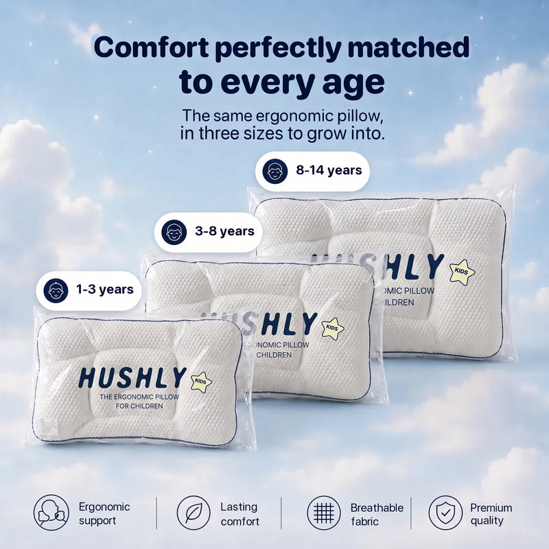 The same Hushly Kids pillow in three sizes, 1-3, 3-8 and 8-14 years, each showing the Hushly Kids brand mark