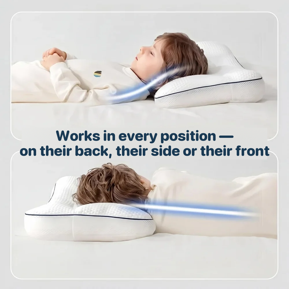 The pillow used on the back and on the front, with airflow arrows showing it works in every position
