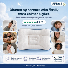 Parent photos around the Hushly Kids pillow, rated 4.8/5 and chosen by 3,365 families