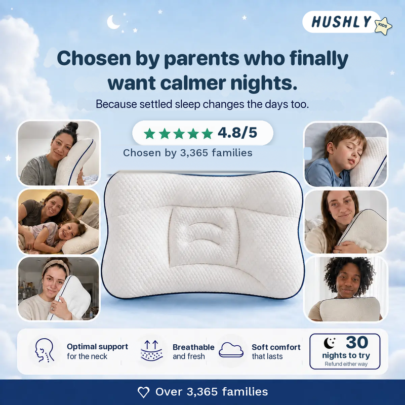 Parent photos around the Hushly Kids pillow, rated 4.8/5 and chosen by 3,365 families